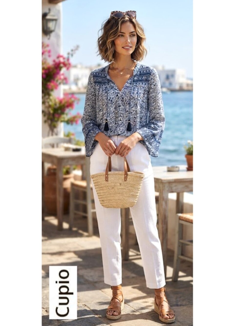 CUPIO - Boho blue and white print top with front tassels